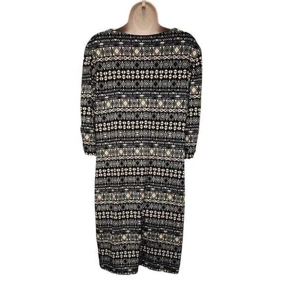 Perceptions New York black tan dress tucks Tribal pattern 3/4 sleeve Misses L - Picture 3 of 9